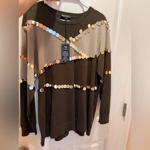 DG2 Diane Gilman Sweater Hunter Green/Beige XL w/ Large Sequin Details NWT